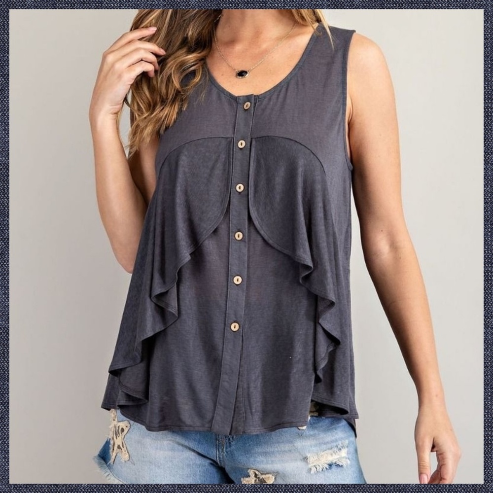 EASEL Button Down Flowy Tunic Top Ruffle Detail Front Pleated Back - Picture 7 of 14
